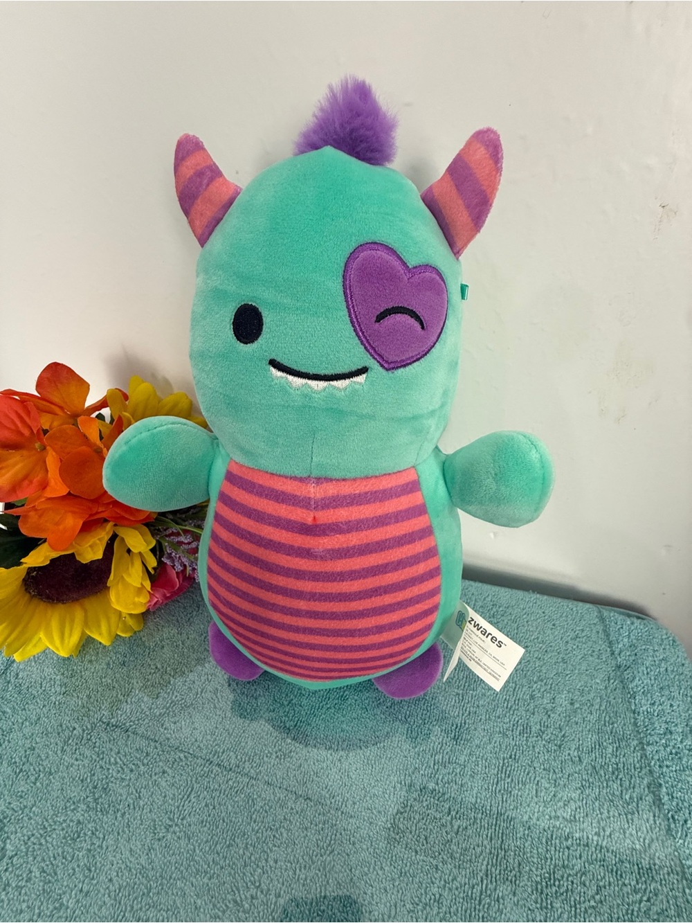 Aqua & Purple Stripe Monster Plush with Heart Eye